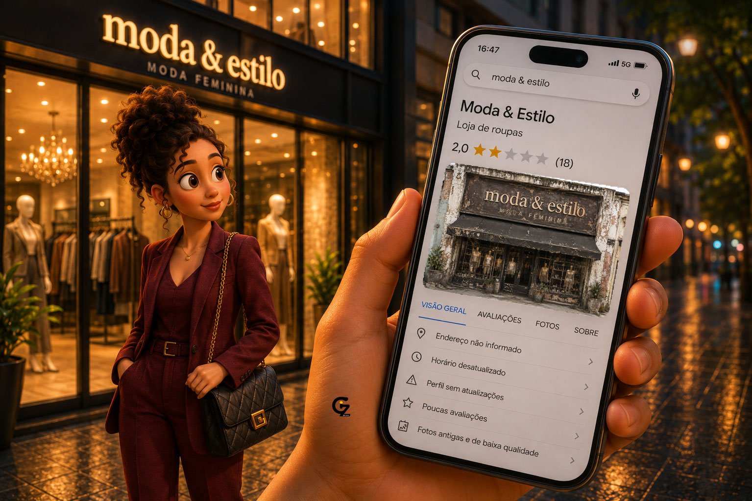 Artesão trabalhando ao lado de um celular mostrando uma empresa no Google