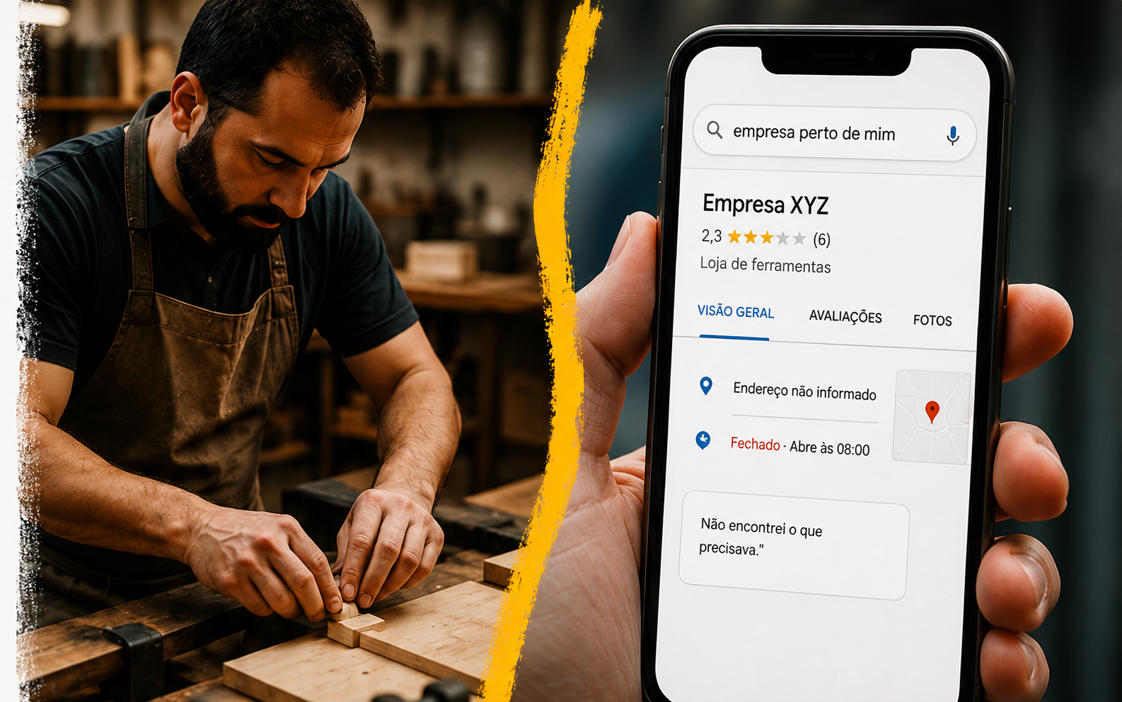 Artesão trabalhando ao lado de um celular mostrando uma empresa no Google